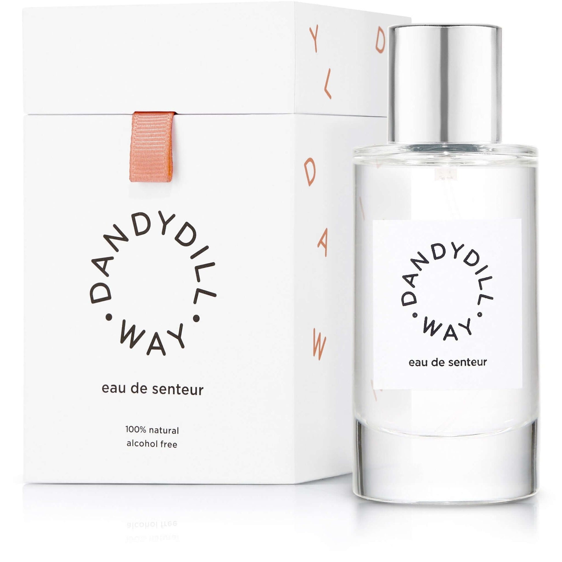 Natural, alcohol free fragrance bottle and box with ribbon.