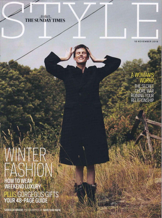 Sunday Times Style Magazine Cover Female Model in black coat in field.