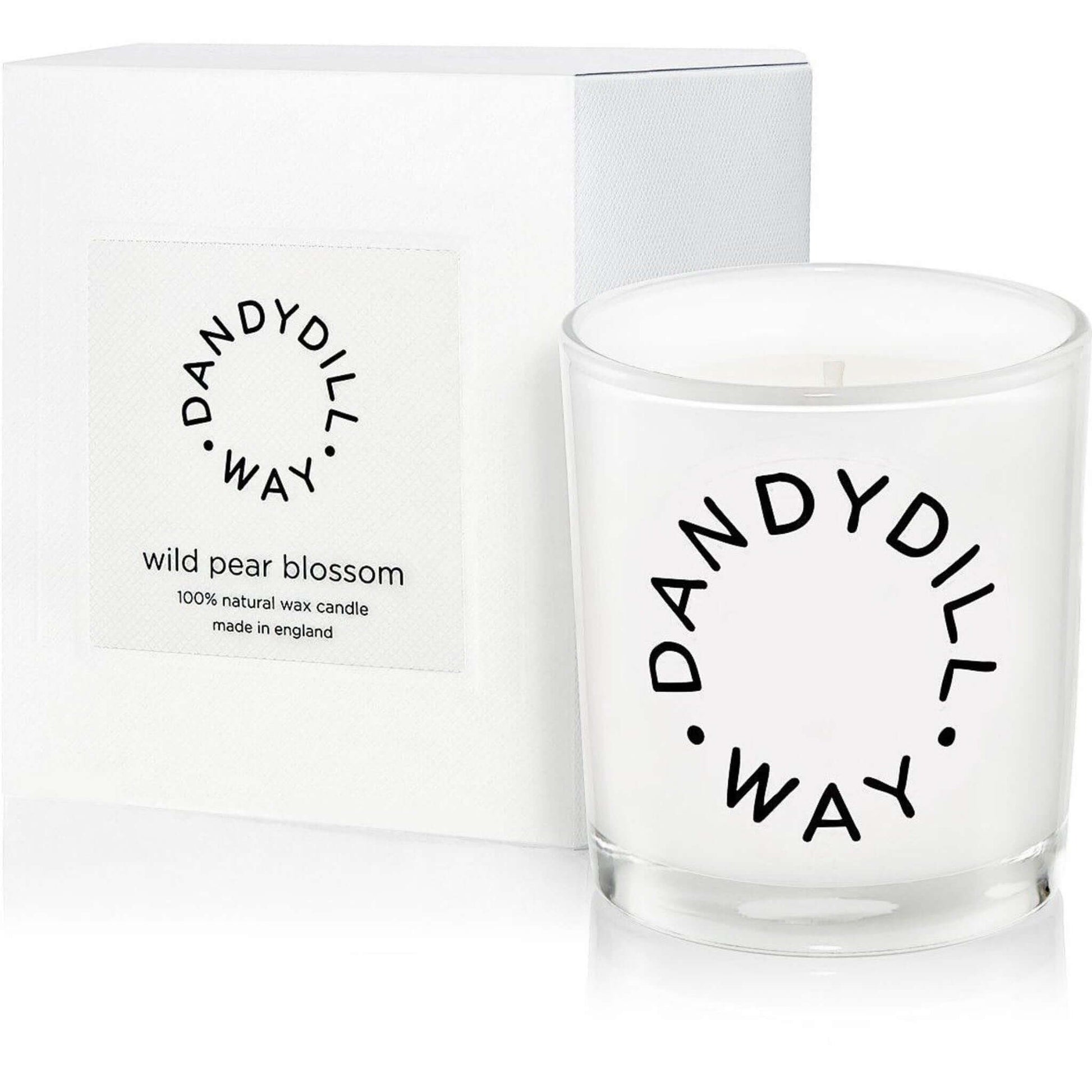 Wild Pear Blossom Room Candle , glass container and white branded box from Dandydill Way